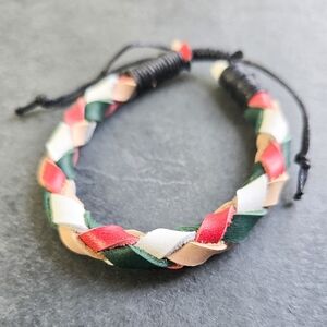 NWT Handmade Reclaimed Leather Braided Bracelet, Red, White, Green & Tan